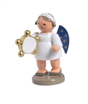Miniaturfigur Engel mit Tamburin im weißen Kleid und blauen Flügeln aus Holz, KWO Kunstgewerbe