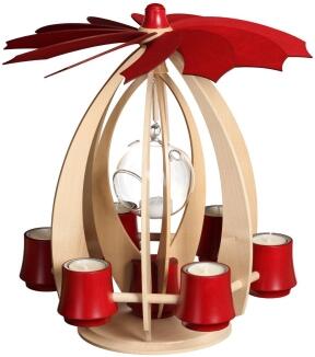 Schwebepyramide – filigran mit rubinroten Flügeln und Glaskugel, aus Ahornholz – BxHxT = 33,5 x 37 x