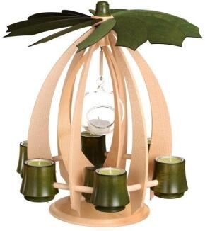 Schwebepyramide – filigran, schwebend mit Glaskugel und Teelichthaltern, moosgrün – BxHxT = 33,5 x