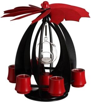 Schwebepyramide – schwebendes Design mit rubinroten Flügeln und Glaskugel, sechs Teelichteinsätze – 