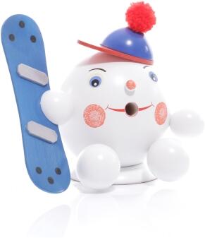 Räucherfigur Räucherschneeball mit blauem Snowboard und Mütze aus Holz von ERZIH Ingo Heidenreich