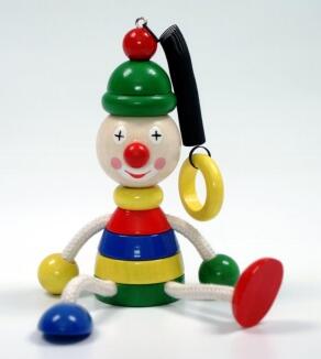Schwingfigur – fröhlicher Clown mit bunter Feder, rot-weiß – BxHxT = 10 x 14 x 7 cm