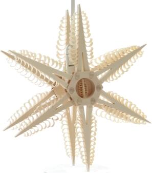 Fensterschmuck– filigraner doppelter Spanstern mit elektrischem Licht und zentralem Bäumchen,