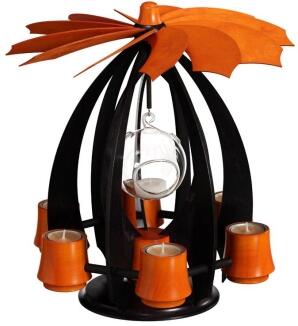 Schwebepyramide – filigran schwebend mit Glaskugel, anthrazit-orange, für Teelichter – BxHxT = 33,5 