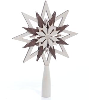 Christbaumschmuck - Christbaumspitze Braun mit ausgefrästen Sternen, Holz handgearbeitet – BxHxT ca.
