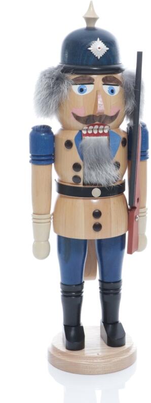 Weihnachtsfigur - Nußknacker Polizist Gewehr und Pickelhaube - Ansicht Vorne - Hergestellt im