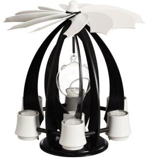 Schwebepyramide – modernes Anthrazit-Weiß mit schwebender Glaskugel, detailreich und stilvoll –