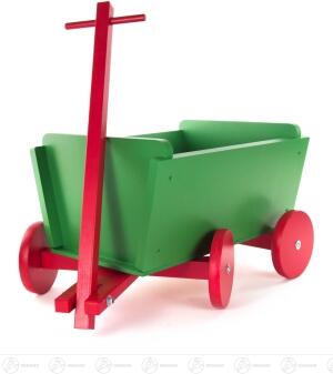 Spielzeug Bollerwagen grün mit roten Rädern aus Holz von Großhandel Dregeno, 48 cm, klassischer