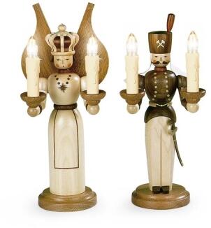 Weihnachtsfiguren – naturbelassene Engel und Bergmann elektrisch beleuchtet mit Trafo – BxH je 13 x 