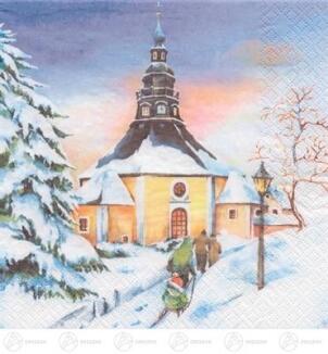 Servietten detailreiche Winterlandschaft mit Seiffener Sonnenuntergang, verschneite Kirche und