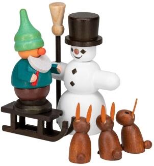 Miniaturfigur – detailreiches Figuren-Set mit Zwerg, Schneemann und Hasen, farbig handbemalt – BxHxT