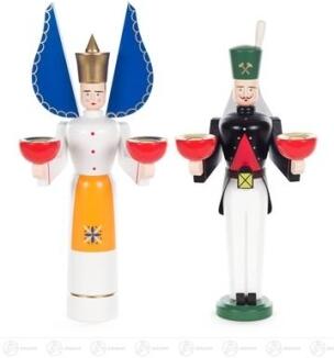 Engel & Bergmann – traditionelles Duo mit orangener Schürze und blauen Flügeln, handbemalt – für