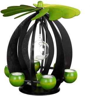 Schwebepyramide – elegante Anthrazit-Lindgrün mit filigranen Flügeln, für 6 Teelichter – BxHxT =