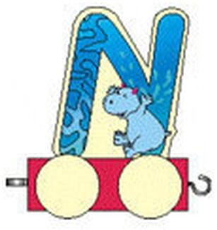 Holzbuchstabe – bunt bemalter Buchstabe N mit fröhlichem Tiermotiv auf Wagen, kombinierbar – BxHxT =