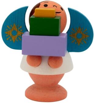 Miniaturfigur – liebevoll bemalter Sternengel mit Geschenken und blauen Flügeln – BxHxT 4 x 4,5 x 3 