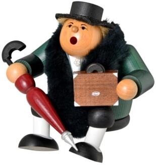 Räuchermann – detailreiche Kantenhockerin Reisetante mit Mantel, Hut, Tasche und Regenschirm,