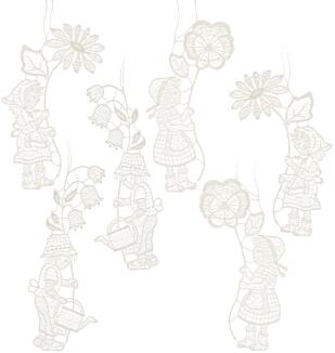 Baumschmuck – 6 filigrane Blumenkinder mit zarten Blüten aus Plauener Spitze 3 frühlingshafte Motive