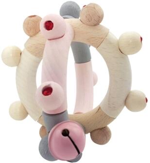 Motorikrassel – farbenfrohe Kugel mit Glocke in natur und rosa – BxHxT 8 x 8 x 8 cm