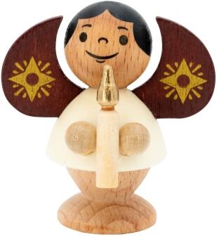 Miniaturfigur – naturfarbener Engel mit braunen Flügeln und goldener Kerze – BxHxT 4 x 4,5 x 3 cm