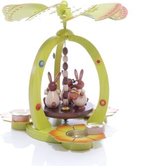 Gelbe Osterpyramide - mit 3 Natur Osterhasen - Höhe 28cm