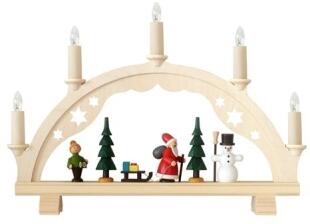 Schwibbogen &ndash; liebevoll gestalteter Weihnachtsmann mit Schneemann, Laternenkind und Schlitten,