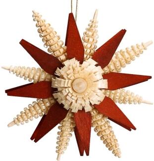 Christbaumschmuck – Holzstern Erzgebirge mit Ringelbäumchen & Ringelblume – natur/rot – Ø ca. 7 x T 