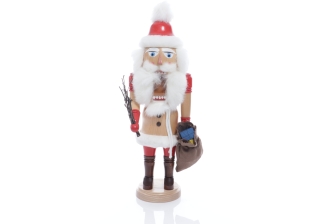 Weihnachtsfigur - Nußknacker Weihnachtsmann Natur mit Geschenkesack und Rute - Ansicht Geöffneten Mund