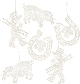 Baumschmuck – filigrane Glücksanhänger mit Hufeisen Schwein und Schornsteinfeger aus Plauener Spitze