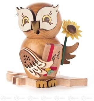 Räuchermann detailreiche Eule mit Geschenk aus warmbraunem Holz von Großhandel Dregeno, liebevoll