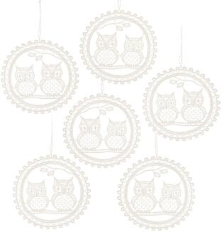 Baumschmuck – runde Anhänger mit filigranem Eulenpaar, weiß, zarte Plauener Spitze – BxHxT 8 x 8 x