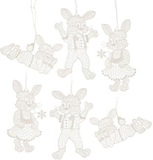 Baumschmuck – 6 Anhänger mit Hasenfiguren aus Plauener Spitze filigran gestaltet – BxHxT 9 x 11 x