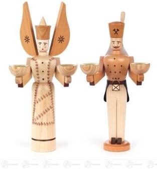 Engel und Bergmann – naturfarben, liebevoll bemalt, mit getupfter Schürze – Kerzenhalter für Ø 14 mm