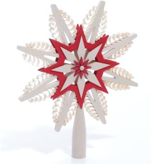 Christbaumschmuck - Christbaumspitze Natur-Rot mit 8 handgestochenen Spanbäumen, Sternform – BxHxT