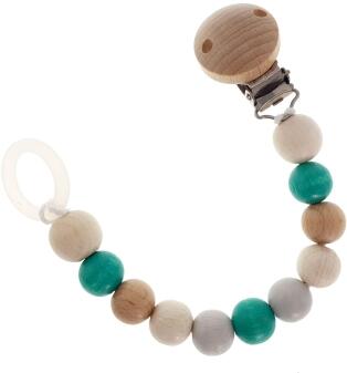 Schnullerkette – farbenfrohe Holzelemente in Natur und Türkis mit Metallclip – BxHxT 3 x 21 x 2 cm