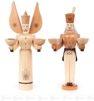 Engel und Bergmann – kunstvoll geschnitzt, naturfarben mit detailreicher Kleidung, für Kerzen Ø 14