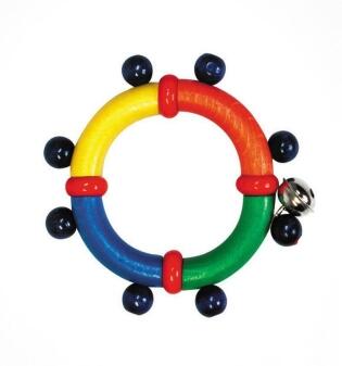 Motorikrassel – bunter Greifring mit Glocke aus Buchenholz – BxHxT 10 x 2 x 10 cm