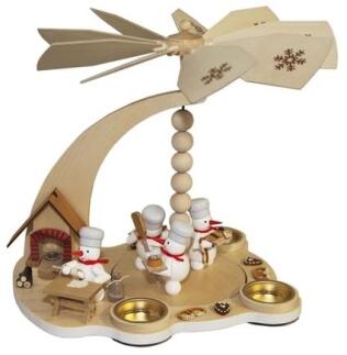 Tischpyramide – detailreiche Schneemänner mit Backofen und Teelichthalter, naturfarben und bunt –