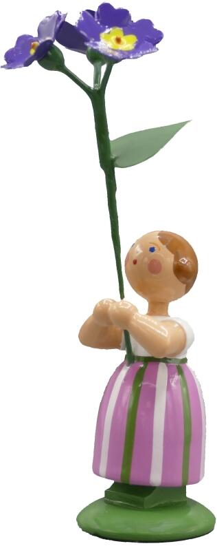 Blumenmädchen – fröhliches Mädchen mit violetter Primel und rosa-grünem Kleid – HxB 12 x 5 cm