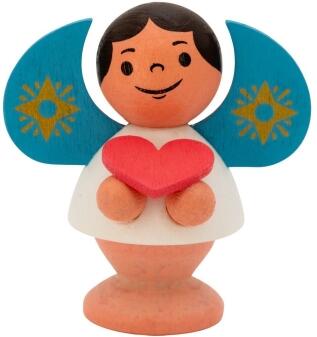Miniaturfigur – fröhlicher Engel mit blauen Flügeln und rotem Herz – BxHxT 4 x 4,5 x 2,5 cm