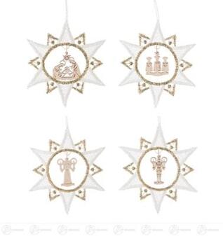 Baumschmuck Behang Weihnachtsmotive in Plauener Spitze, Satz 1 (4) Breite x Höhe ca 8,5 cmx9,5 cm