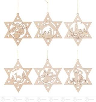 Baumschmuck Behang Weihnachtsmotive im Stern, Satz 1 (6) Breite x Höhe ca 8,5 cmx8,5 cm