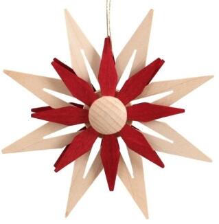 Christbaumschmuck – Holzstern Erzgebirge doppelt mit Kieferblättern rot/natur – Ø ca. 11 x T 1 cm