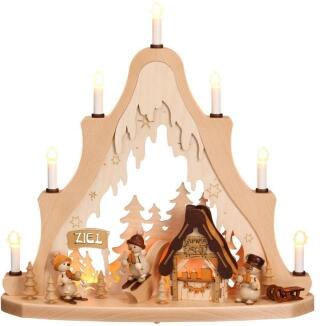 Schwibbogen - naturbelassene Lichterspitze mit Schneemännern beim Apres Ski und elektrischer