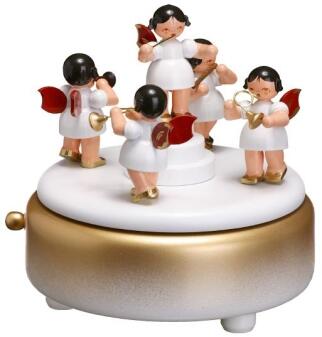 Spieluhr – detailreiche Engel mit Musikinstrumenten, edler Unterbau in Weiß-Gold – spielt „Süßer die