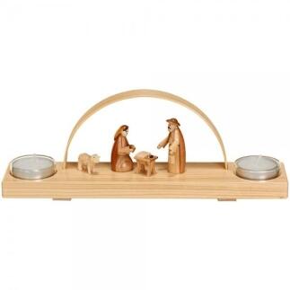Schwibbogen – naturfarbene Christi Geburt mit Schaf und Teelichthaltern, filigran gearbeitet – BxHxT