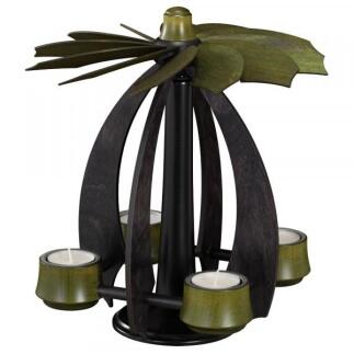 Tischpyramide – elegante Schwebekonstruktion in Anthrazit mit moosgrünen Flügeln, für Teelichter –