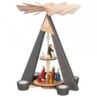 Teelichtpyramide – liebevoll gestaltete Christi Geburt mit handbemalten Figuren, grauer Rahmen,