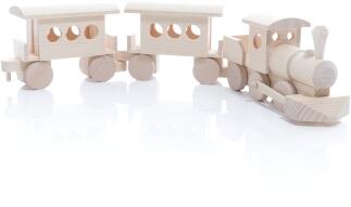 Holzspielzeug - Eisenbahn mit beweglicher Stangenantrieb und 2 Anhänger Natur - Ansicht Vorne -