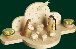 Kerzenhalter – detailreiche Christi Geburt mit Krippe und Messingeinsätzen, naturfarben – BxHxT = 15