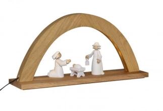 Schwibbogen – detailreiche Heilige Familie, filigrane Eiche, naturfarben – BxHxT = 48 x 23 x 11 cm